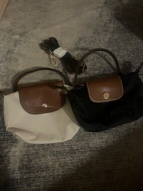2 Classic Compact Women's Top-Handle Bags - Black and Cream with Brown Trim